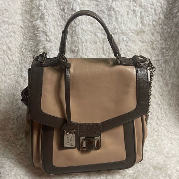 Badgley Mischka leather tan and brown satchel/ shoulder bag gold tone hardwares - Picture 1 of 15